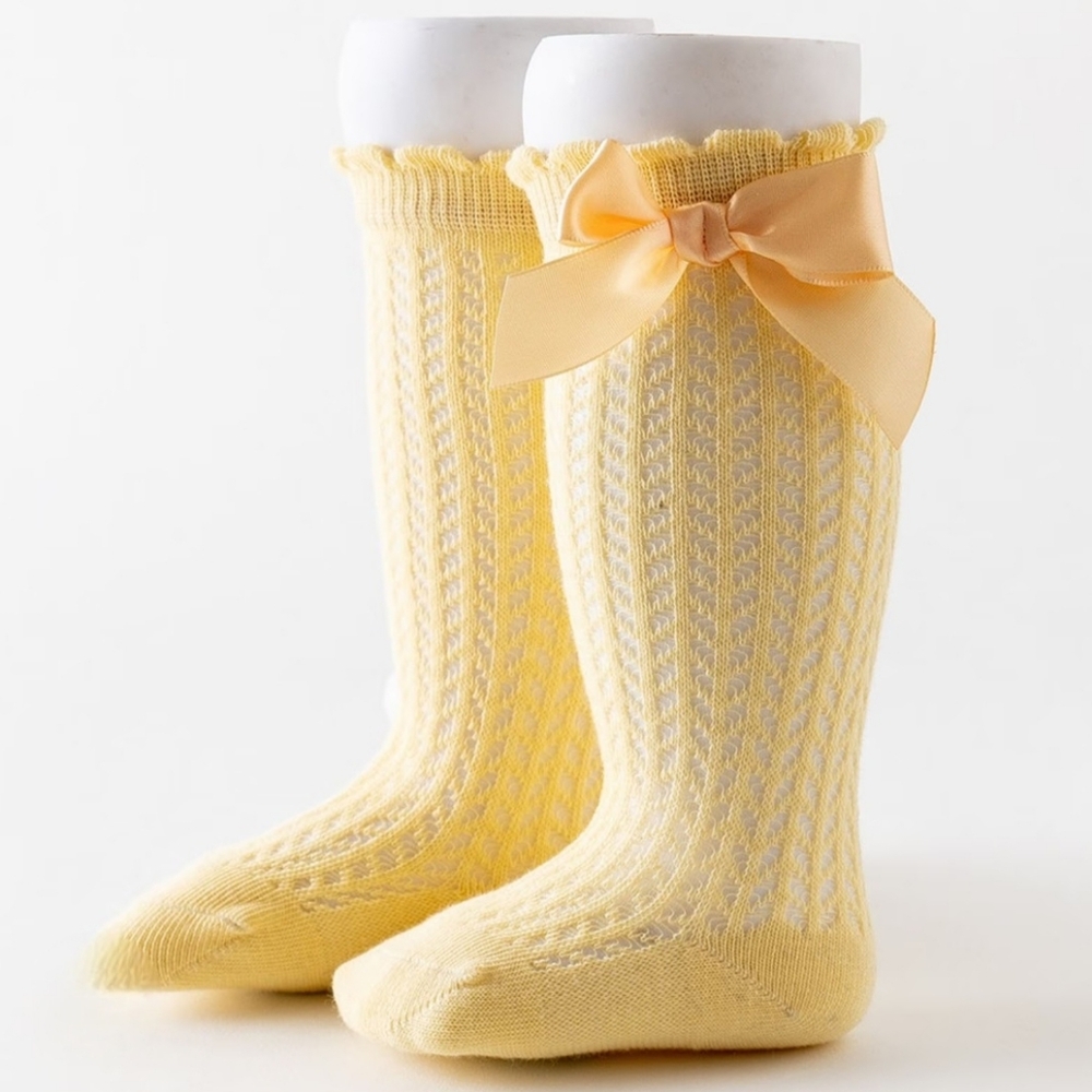 Baby Girl Knee High Yellow Socks With Large Satin Bow Pointelle Knit Ruffle Sock